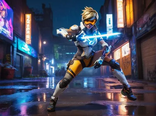 Tracer, Overwatch, energetic pose, athletic build, blue and white costume, sleek helmet, goggles, blonde hair, confident smile, dynamic legs, arms akimbo, urban cityscape, neon lights, dark alleys, gr