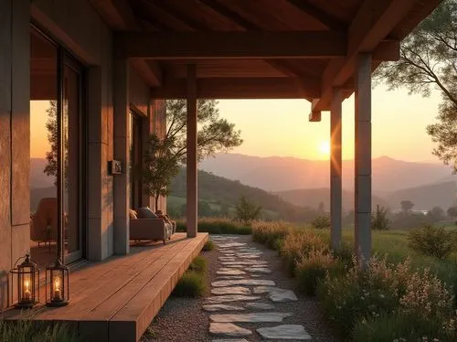 Rural penthouse, structuralism style, modern farmhouse, large windows, wooden beams, concrete walls, minimalist decor, rustic charm, rolling hills, sunset view, distant mountains, green pastures, wild