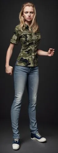 Female - goldenblond long haired, blue eyes, wearing camouflage shirt + blue jeans + white sneakers.,plus-size model,kapparis,fat,fighting stance,png transparent,woman holding gun,pointing woman,mini 