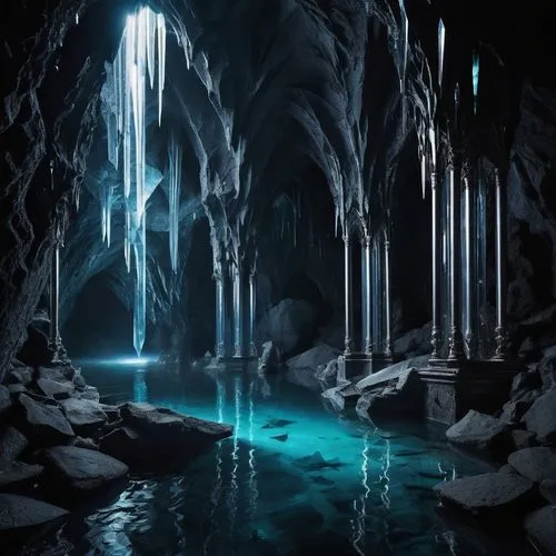 ice cave,blue cave,blue caves,caverns,ice castle,the blue caves,stalagmites,cavern,caves,cave on the water,cavernosum,cave,grotte,underdark,alfheim,cavernosa,erebor,jotunheim,gondolin,labyrinthian,Illustration,Realistic Fantasy,Realistic Fantasy 46