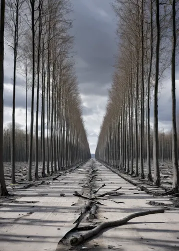 row of trees,tree-lined avenue,tree lined lane,tree lined path,birch alley,parallel worlds,parallel world,bare trees,birch trees,birch forest,poplar tree,tree lined,road to nowhere,road of the impossible,copse,pathway,tree grove,forest road,vanishing point,deforested,Conceptual Art,Sci-Fi,Sci-Fi 10