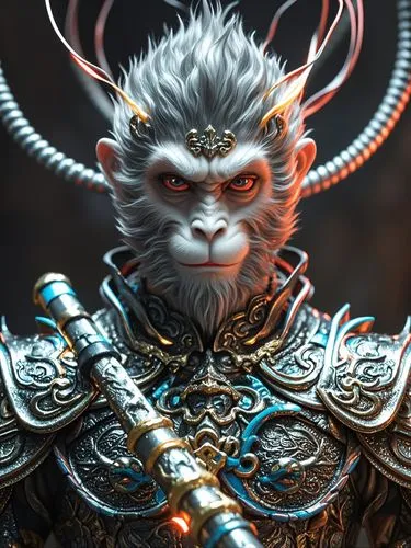 the artwork shows a monkey like character, holding a sword,asura,wukong,rakshasa,chua,monkey god,garuda,raijin,oni,tengu,mahakala,vulkan,narasimha,heruka,saikrajang,gahungu,tengri,barong,yuhuan,goki,u