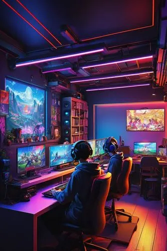 Otaku, Discord server, virtual room, neon lights, futuristic atmosphere, anime-style decorations, Japanese characters on walls, colorful screens displaying chat logs, gamers gathered around tables, la