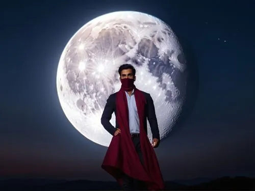 Neel Kamal wearing dark maroon scarf under his nose and covering his lower face  standing in full moon night,sobti,anirudh,purab,majnu,manjeet,jotwani,moonesinghe,shahid,moonda,tarkan,pharmacopeia,bar