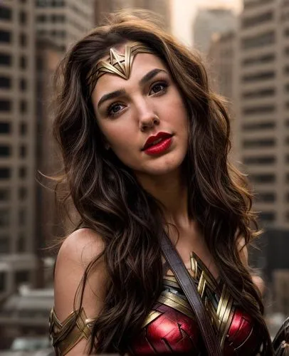 a portrait of a beautiful Gal Gadot, brown hair, red lips, wearing a custom of Wonder Woman DC stand up in a street of metropolis at sunset as background in 4k,wonderwoman,wonder woman city,wonder wom