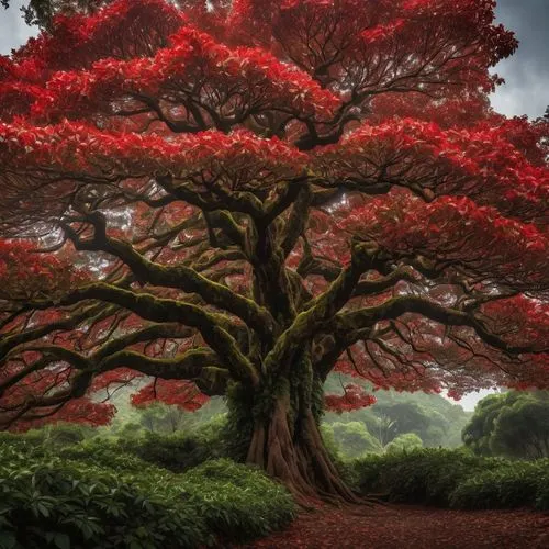 arvores gigantes de folhas vermelhas em meio a um tempestade ,red tree,japanese maple,colorful tree of life,flourishing tree,the japanese tree,blood maple,scarlet oak,red maple,maple tree,african tuli