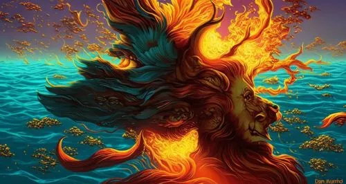 a drawing of a lion and fire breathing into the ocean,burning tree trunk,fire background,flame spirit,fire and water,fire horse,burnt tree,Illustration,Realistic Fantasy,Realistic Fantasy 25