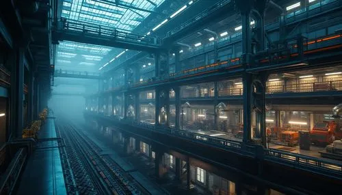 Industrial factory, metallic facade, futuristic architecture, neon lights, steel beams, exposed ductwork, urban landscape, cityscape, foggy atmosphere, dramatic lighting, low-angle shot, cinematic com