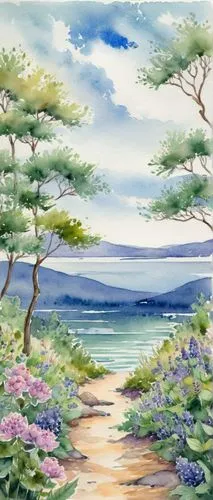 watercolor background,landscape background,beach landscape,an island far away landscape,japanese sakura background,coastal landscape,landscape with sea,background view nature,springtime background,sea landscape,japanese floral background,sakura background,watercolor,spring background,japan landscape,watercolor tree,sakura trees,watercolor paint,panoramic landscape,beach scenery,Illustration,Paper based,Paper Based 25