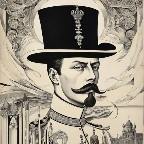 kaiser wilhelm,kaiser wilhelm ii,the emperor's mustache,napoleon iii style,grand duke,grand duke of europe,emperor wilhelm i,stovepipe hat,baron munchausen,orders of the russian empire,prussian,napoleon i,sultan ahmed,pickelhaube,prussian asparagus,imperial period regarding,admiral von tromp,jozef pilsudski,napoleon bonaparte,einjähriges silberblatt,Illustration,Black and White,Black and White 07