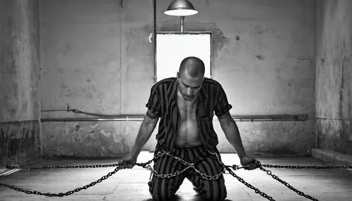 man chained in prison in black and white,sopor,mudvayne,key rope,detainee,executioner,slender,nergal,prisoner,flogging,lennier,shackling,lecter,asylum,executions,pataphysics,straitjacket,flogged,bullw