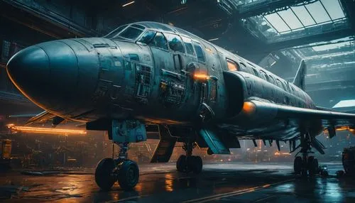 Aircraft in the cyberpunk world,hangar,dreadnought,mcdonnell douglas av-8b harrier ii,buran,harrier,bomber,afterburner,sci fi,scifi,sci - fi,sci-fi,buccaneer,airbase,aircraft construction,vulcania,vul