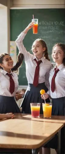 Dramatic scene, three girls, high school students, uniform, skirts, blazers, holding glasses of juice, cheering, smiling, sweet revenge concept, dimly lit classroom, wooden desks, chalkboard, afternoo