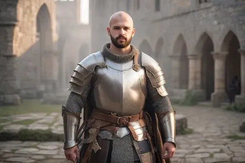 a beautiful man, shaved bald hair,knight armor,medieval,castleguard,heavy armour,male character,crusader,paladin,templar,king arthur,bottel,middle eastern monk,roman soldier,cullen skink,massively mul