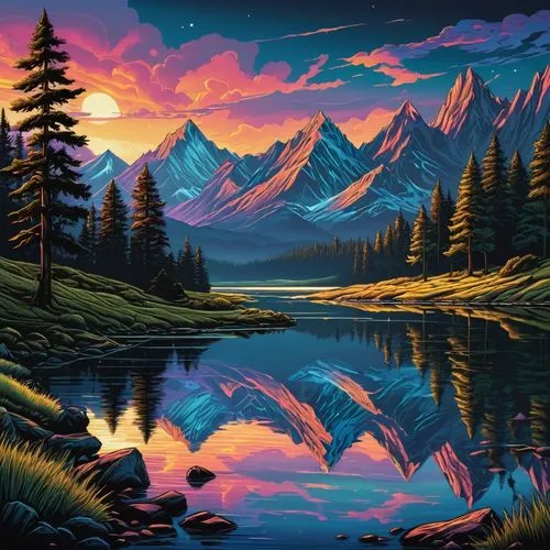 landscape background,mountain landscape,mountain scene,evening lake,mountain sunrise,nature landscape,salt meadow landscape,mountain lake,river landscape,mountainous landscape,fantasy landscape,forest landscape,mountainlake,high landscape,painting technique,alpine lake,landscape nature,high mountain lake,landscapes,panoramic landscape,Illustration,Realistic Fantasy,Realistic Fantasy 25