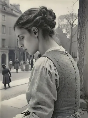 Grieving woman,a young woman sitting next to a tree on a city street,doisneau,parisienne,vintage woman,victorian lady,parisiennes,vintage female portrait,Photography,Black and white photography,Black 