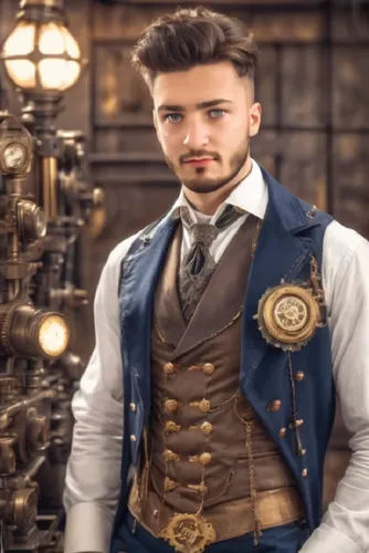 the man is dressed in an outfit with gears on it,waistcoat,waistcoats,steampunk,lehzen,konstantinos,leonardo devinci