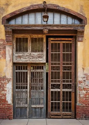 Architectural salvage, San Diego, CA, old worn-out wooden doors, rusty metal gates, distressed brick walls, reclaimed wooden beams, vintage windows, antique door handles, peeling paint, urban decay, a