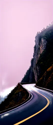 Winding road, mountainous terrain, steep cliffs, guardrails, asphalt surface, worn-out texture, scenic viewpoint, solitary traveler, misty atmosphere, low-angle shot, cinematic composition, warm color