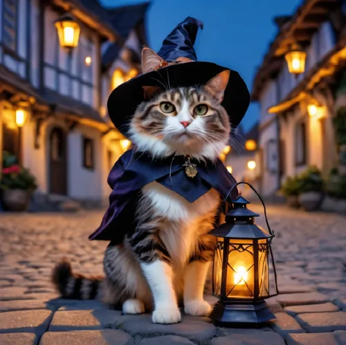 Halloween Fofo,a gray and white cat wearing a witch costume on the street,halloween cat,bewitching,halloween witch,witching,cat european,oktoberfest cats