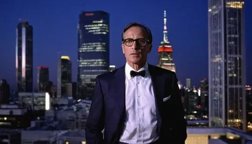 Middle-aged man, mature, muscular, serious expression, black-rimmed glasses, short hair, clean-shaven, formal wear, white dress shirt, black tie, dark blue suit, leather belt, black oxford shoes, hold