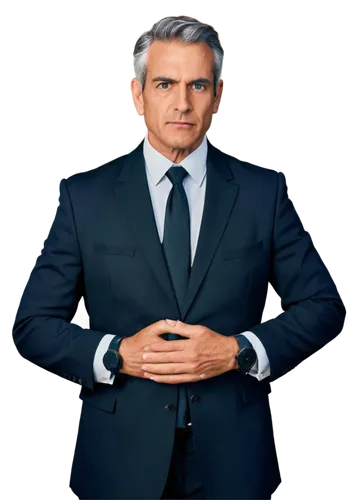 Mature businessman, leadership pose, standing, confident expression, strong jawline, piercing eyes, black suit, white shirt, tie, chest pocket square, hands behind back, authoritative posture, luxurio