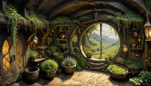 hobbiton,hobbit,fairy door,fantasy art,fairy village,terrarium,dandelion hall,fantasy landscape,garden door,fantasy picture,tunnel of plants,jrr tolkien,fairy house,apothecary,home landscape,the threshold of the house,labyrinth,the little girl's room,3d fantasy,stargate,Illustration,Realistic Fantasy,Realistic Fantasy 03