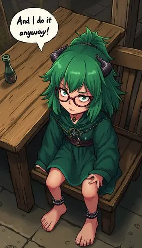 Draw in anime style: A nerdy, glasses-wearing, horned, barefoot, green-haired, evil druid girl,  wearing short dark-emerald robes, wearing Gothic jewelry, is seated at a tavern table looking angry. A 