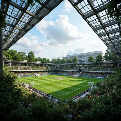 Eco-friendly football stadium, lush green roofs, solar panels, wind turbines, rainwater harvesting systems, recycled materials, natural ventilation, large windows, transparent fa\u00e7ades, minimalist