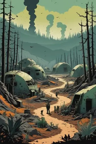 post-apocalyptic landscape,overland,lost in war,game illustration,swampy landscape,wasteland,tunguska,wastelands,forest workers,post apocalyptic,postapocalyptic,sedensky,bivouacs,hinterlands,cartoon forest,environments,bivouac,archaia,endor,barrens