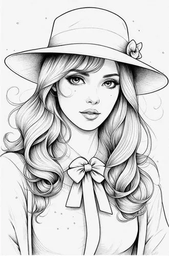 a girl wearing a large hat with a bow,fashion vector,coreldraw,camie,girl wearing hat,coloring page,the hat-female,Design Sketch,Design Sketch,Detailed Outline