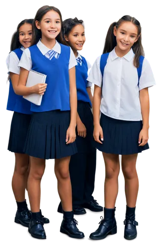 Choir, group of girls, uniforms, blue vests, white blouses, short skirts, black shoes, smiling faces, happy expressions, holding music sheets, standing in rows, gentle lighting, soft focus, warm color