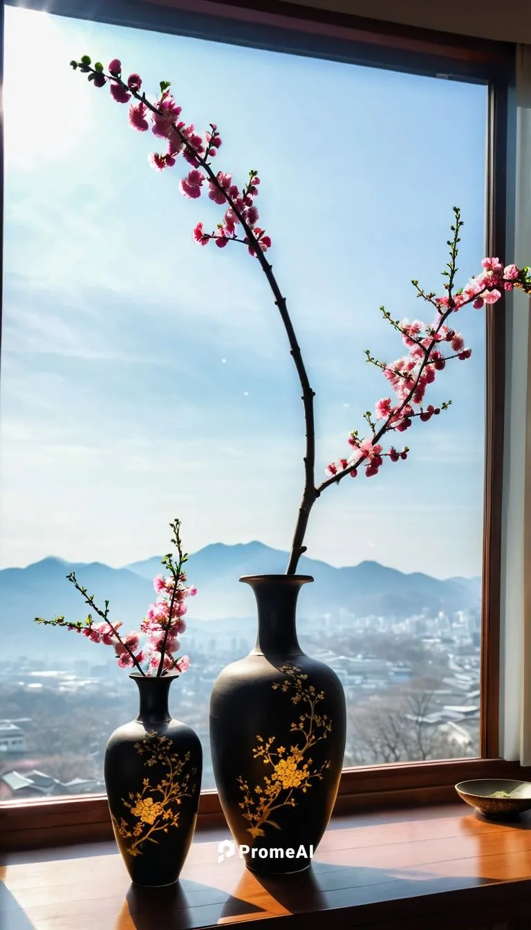 A long neck vase with two plum blossoms in it,ikebana,plum blossoms,bonsai tree,plum blossom,winter jasmine,the japanese tree,the plum flower,japanese-style room,maple bonsai,japanese sakura backgroun