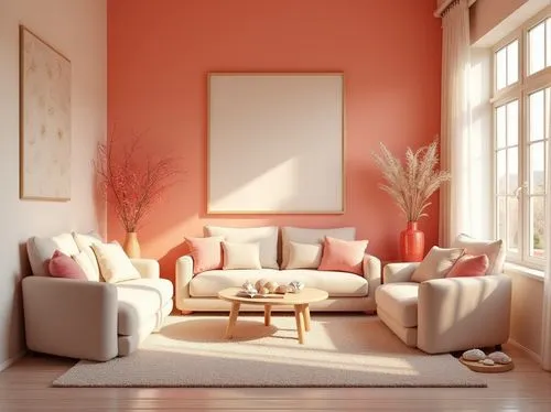 Cozy living room, coral-colored walls, warm beige furniture, soft plush carpet, natural light pouring in through large windows, gentle drapery with subtle floral patterns, minimal decor with coral-hue