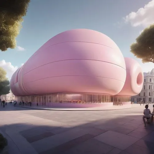 theater building where the seating and exterior facade mimic layers of macarons, with different sections featuring pastel colors. The rounded shapes and smooth surfaces resemble the curves of the swee