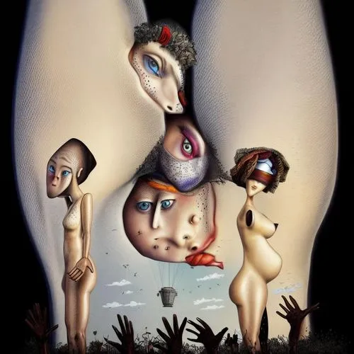 the four figures are holding each other by hands,gestation,embryos,surrealism,embryo,fertility,preborn,Common,Common,Natural