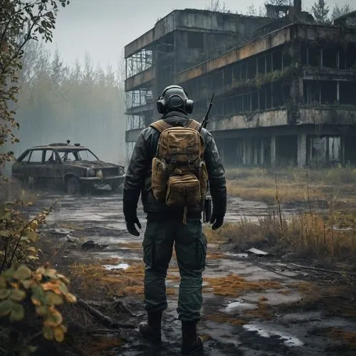 (Digital paintpost-apocalyptic environment, Chernobyl Exclusion Zone, abandoned buildings, overgrown vegetation, rusted vehicles, solo stalker, gas mask, leather jacket, tactical backpack, armed with 