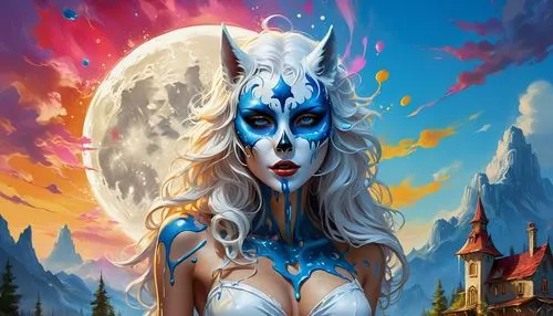 blue enchantress,fantasy portrait,fantasy art,fantasy picture,fantasy woman,masquerade,white walker,world digital painting,dark elf,ice queen,maiden,luna,sorceress,the snow queen,herfstanemoon,blue moon rose,the enchantress,catrina calavera,priestess,mezzelune,Conceptual Art,Graffiti Art,Graffiti Art 08