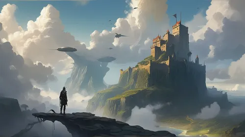 Game Scene Design,  a knight with sword near cliffs,fantasy landscape,knight's castle,summit castle,ruined castle,fairy chimney,high landscape,castle of the corvin,ancient city,castles,sentinel,citade