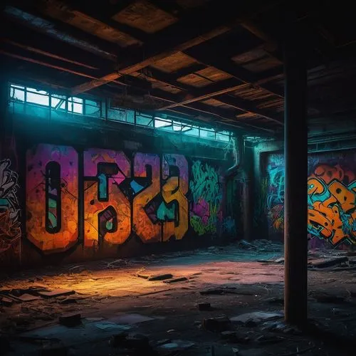 Unconventional arts, futuristic architecture, abandoned industrial site, rusted metal pipes, crumbling concrete walls, vibrant street art murals, graffiti tags, eclectic sculptures, avant-garde instal