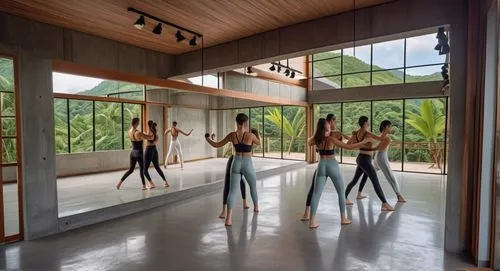 concrete, wood, tropical industrial house, granite, warm, window, hill view, dancing studio,gymnastics room,mirror house,aqua studio,performance hall,ballerinas,modern dance,dancers,fitness room,music