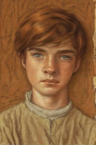 colored pencil pale faced  young man with brown eyes and auburn hair standing against wall,child portrait,child,child with a book,children of war,child boy,oil painting,oil stain,oil paint,oil on canv