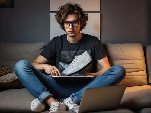 Reddit user, AI art enthusiast, casual pose, messy brown hair, black framed glasses, plain white t-shirt, worn-out jeans, sneakers, sitting on a couch, laptop on lap, multiple tabs open, dimly lit roo