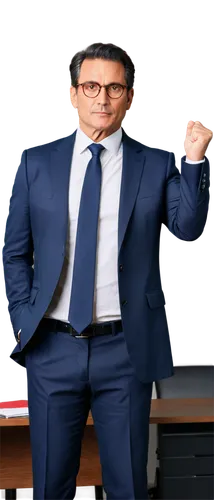 Middle-aged, masculine, boss, suit, tie, white shirt, black hair, glasses, serious facial expression, hands behind back, standing upright, powerful posture, luxurious office background, softbox lighti