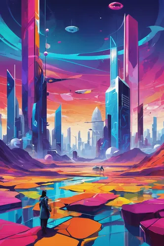 futuristic landscape,colorful city,alien world,scifi,alien planet,cityscape,fantasy city,vast,gas planet,futuristic,expanse,virtual landscape,cosmos field,cubes,planet,sci-fi,sci - fi,color fields,panoramical,space art,Illustration,Vector,Vector 07