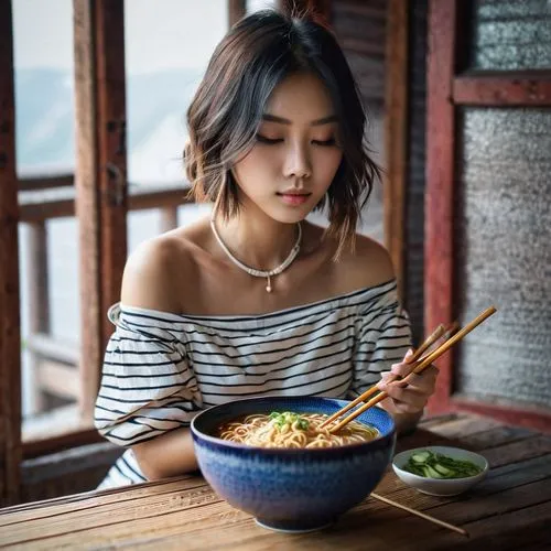 1girl, bare shoulders, bowl, chopsticks, food, indoors, jewelry, necklace, noodles, off shoulder, photo \(medium\), ramen, sitting, solo, striped,noodle bowl,laksa,noodle soup,miso,thai noodle,tibetan