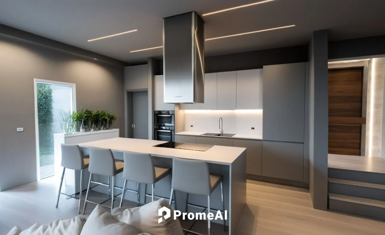 cucina in stile moderno con top e rivestimento in marmo bianco con strisce grigie opaco, piano induzione in vetro nero, cappa in acciaio ,pensili in grigio chiaro e moduli in grigio effetto cemento, l