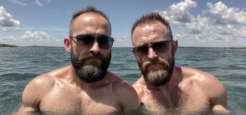 just 2 people furry,two shirtless men in sunglasses on the ocean,mermen,oystermen,beards,graybeards,clinkenbeard,bjornsson,beardall,archipelagoes,hirsute,sea monsters,stereoscopic,boatpeople,beardslee