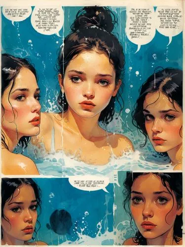 5-part comic page with the theme ‘a shy and shameless girl taking a bath’ including speech and thought bubbles.,two girls in the water and a comic strip,palmiotti,wet,quitely,promethea,struzan,padme,I