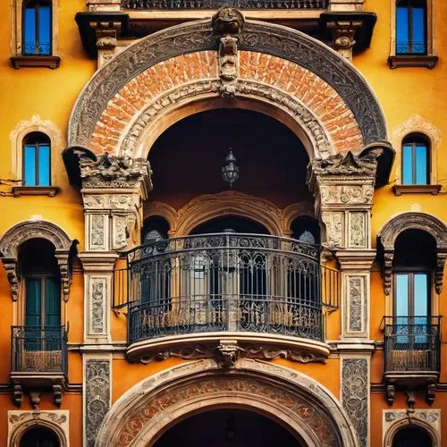 Spanish Baroque architecture, grandiose, ornate, intricate carvings, golden decorations, rusticated stone walls, rounded arches, domed towers, grand staircases, ornate balconies, wrought iron railings